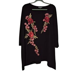 JM Collection XXL Embroidered Red Floral Patchwork Black Asymmetrical Tunic